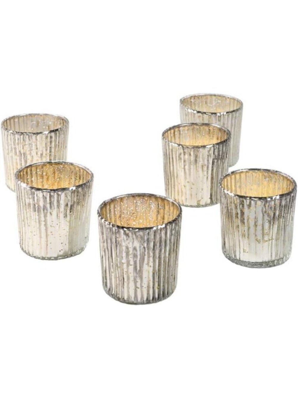 Set of 6 Silver Ribbed Mercury Glass Votive Candle Holders - Perfect for